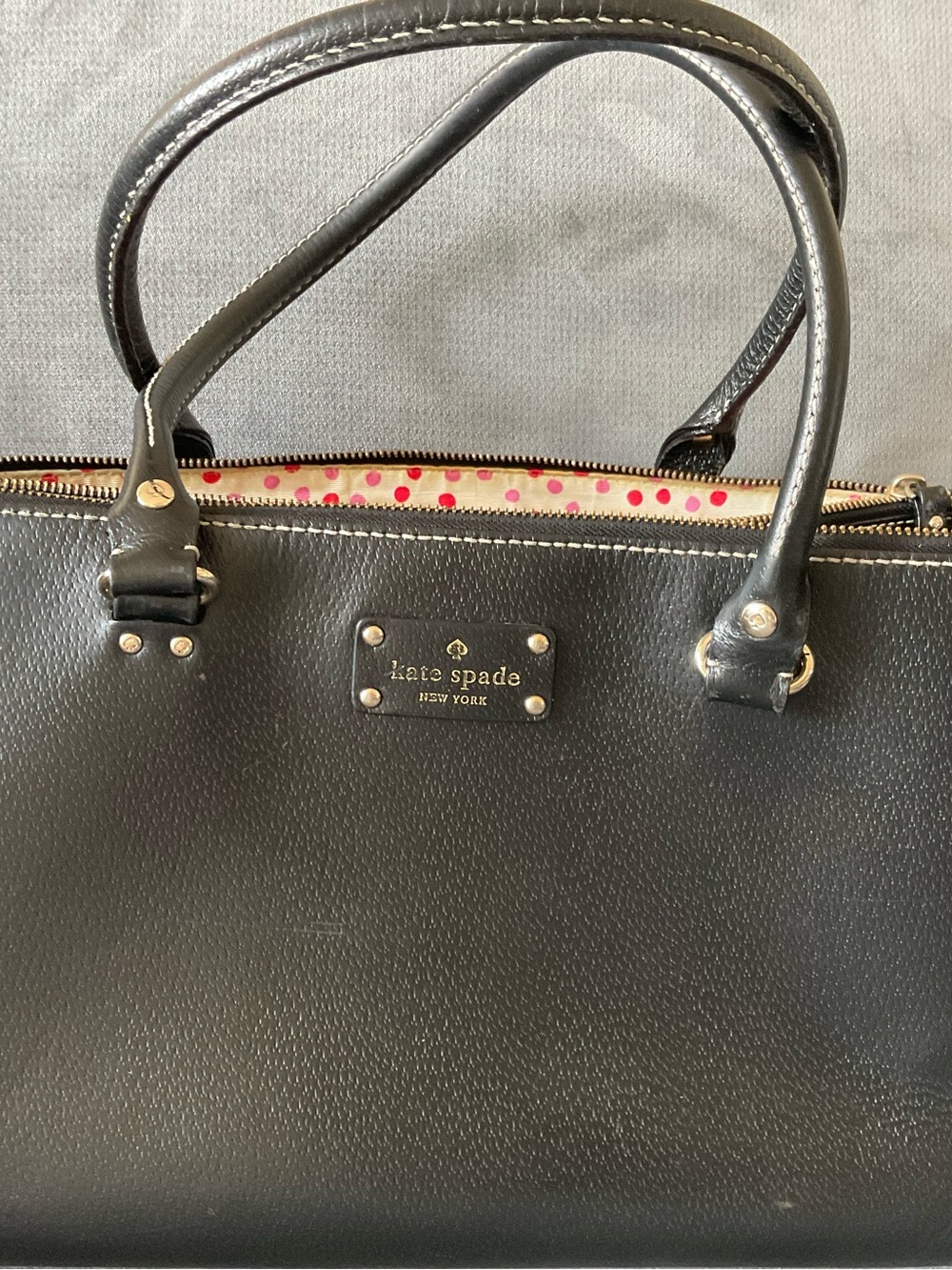 kate spade Black Leather Satchel with Pink Polka Dot Lining